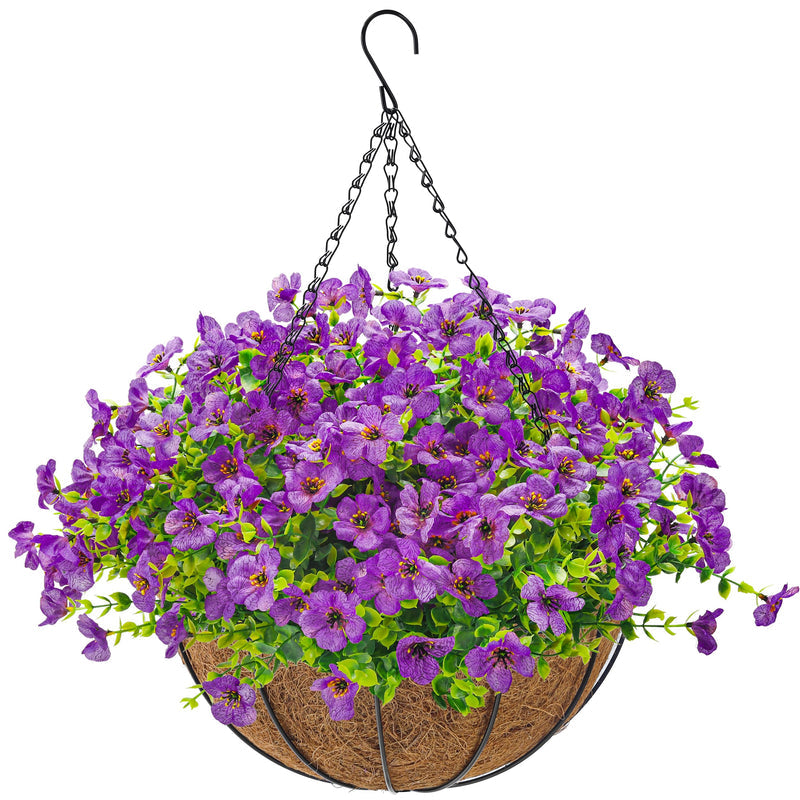 Der Rose Artificial Hanging Flowers Basket for Outdoors Fake Hanging Plants Spring Summer Decoration UV Resistant for Garden Front Porch Patio Balcony Decor purple