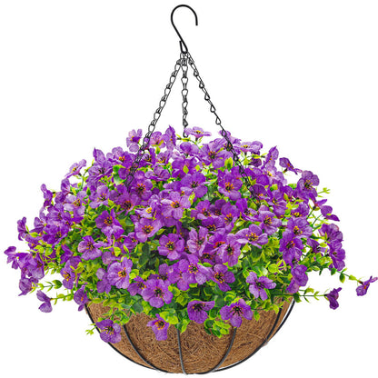Der Rose Artificial Hanging Flowers Basket for Outdoors Fake Hanging Plants Spring Summer Decoration UV Resistant for Garden Front Porch Patio Balcony Decor purple