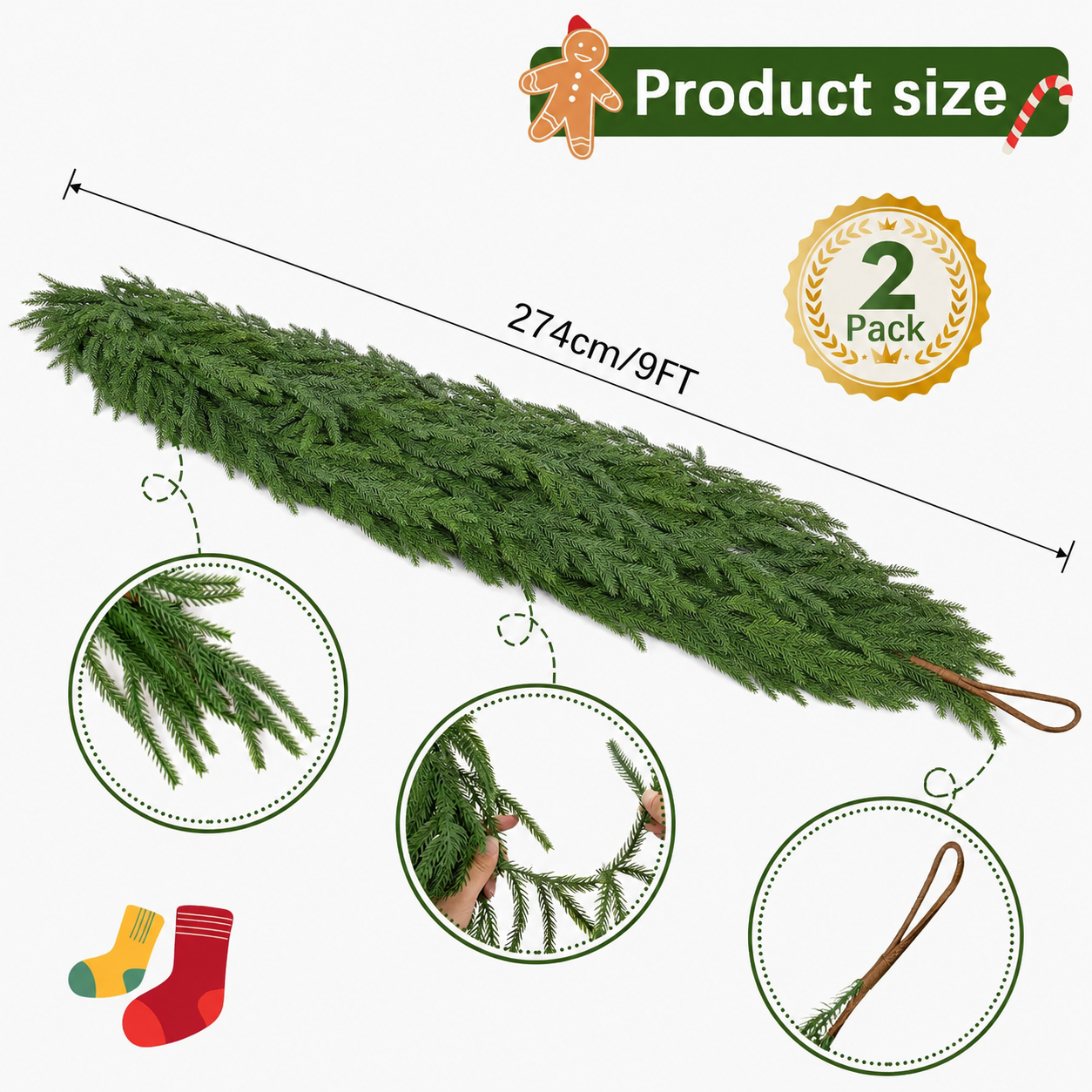 Christmas Garlands Decorations, Real Touch Artificial Norfolk Pine Christmas Greenery Garlands for Wall Fireplace Indoor Outdoor Xmas Decor