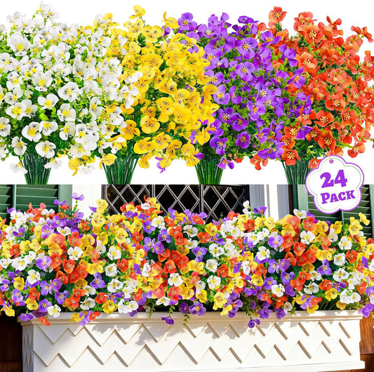 Der Rose 24 Bundles Artificial Pansy Flowers for Outdoors, UV Resistant 4 Assorted Colors Fake Pansies Spring Flowers for Planters Window Boxes Flower Beds Outdoor Garden Decor