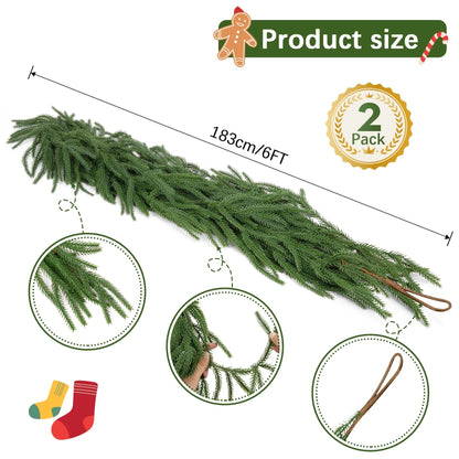 Christmas Garlands Decorations, Real Touch Artificial Norfolk Pine Christmas Greenery Garlands for Wall Fireplace Indoor Outdoor Xmas Decor