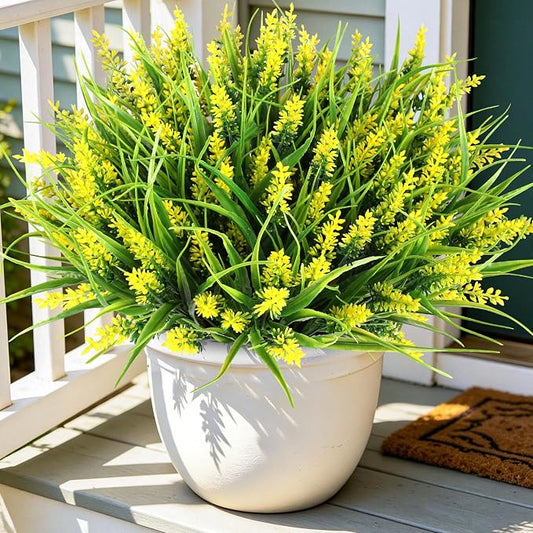 12 Bundles Faux Outdoor Plants, UV Resistant Fake Monkey Grass, Realistic Artificial Greenery Shrubs for Outdoor Patio Garden Yard Porch Farmhouse Decor(Yellow)