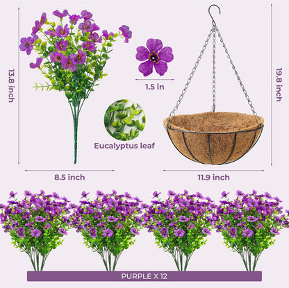Der Rose Artificial Hanging Flowers Basket for Outdoors Fake Hanging Plants Spring Summer Decoration UV Resistant for Garden Front Porch Patio Balcony Decor purple