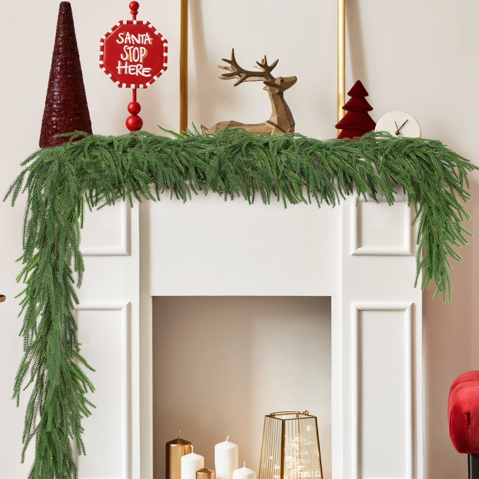 Christmas Garlands Decorations, Real Touch Artificial Norfolk Pine Christmas Greenery Garlands for Wall Fireplace Indoor Outdoor Xmas Decor