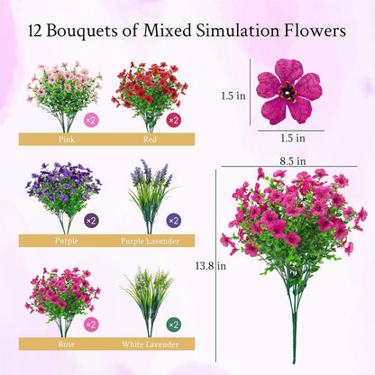 12 Bundles Artificial Flowers for Outdoor Fake Flowers Plants UV Resistant for Home Garden Porch Window Wedding Decor