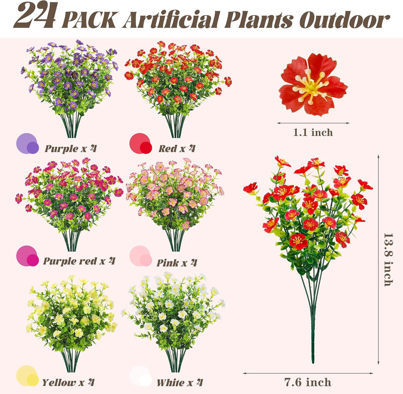 24 Bundles Artificial Flowers for Outdoor Fake Flowers Plants for Home Garden Porch Farmhouse Decor