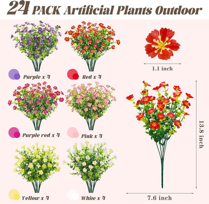 24 Bundles Artificial Flowers for Outdoor Fake Flowers Plants for Home Garden Porch Farmhouse Decor